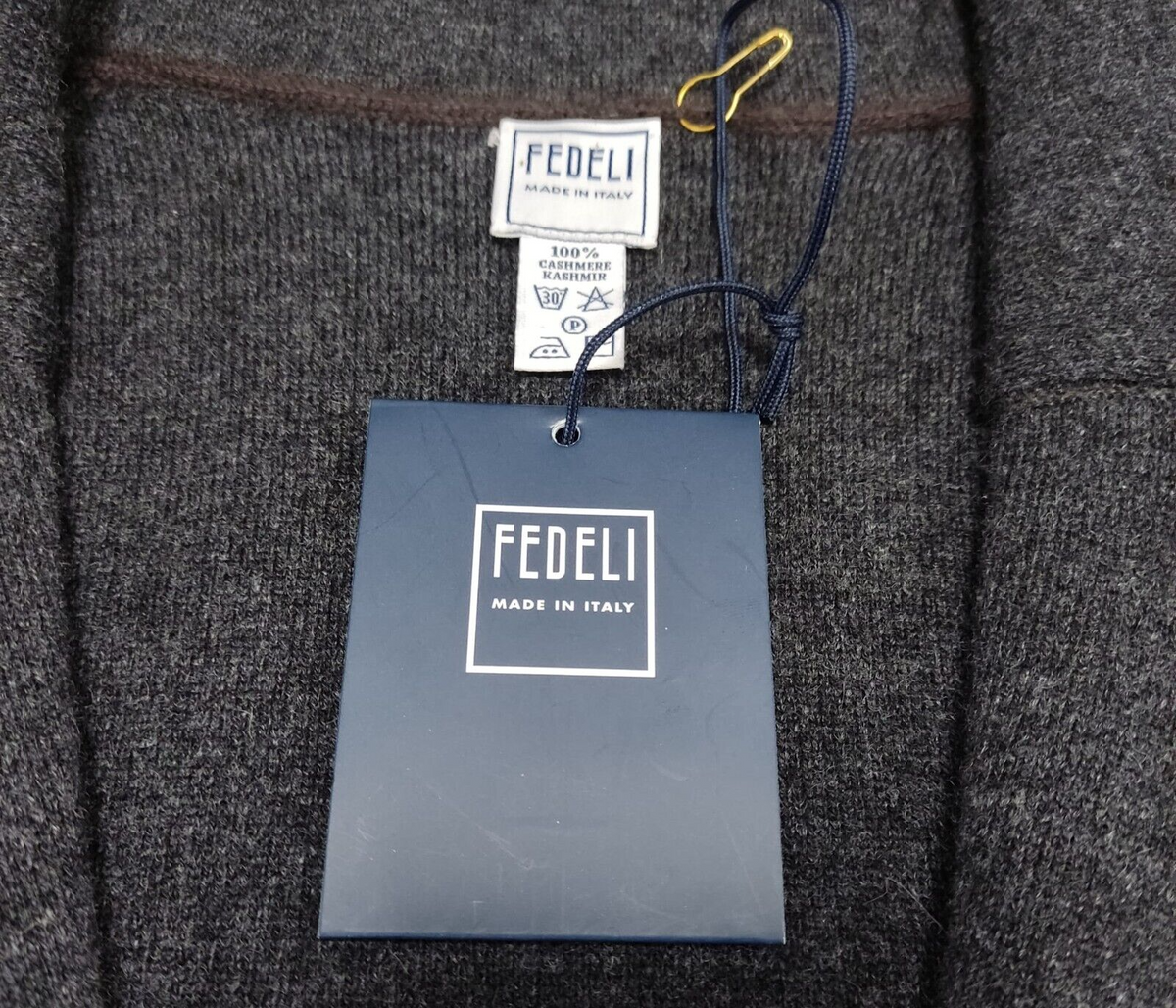 $1900 FEDELI CASHMERE Cardigan Jacket Knit 100% Cashmere + Leather 40 US  50 EU