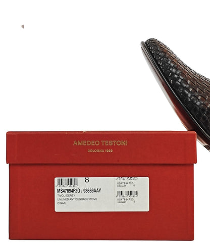 1050$ TESTONI "Tivoli" Derby Shoes Woven Antique Calf Brown 8 UK / 9 US / 42 IT