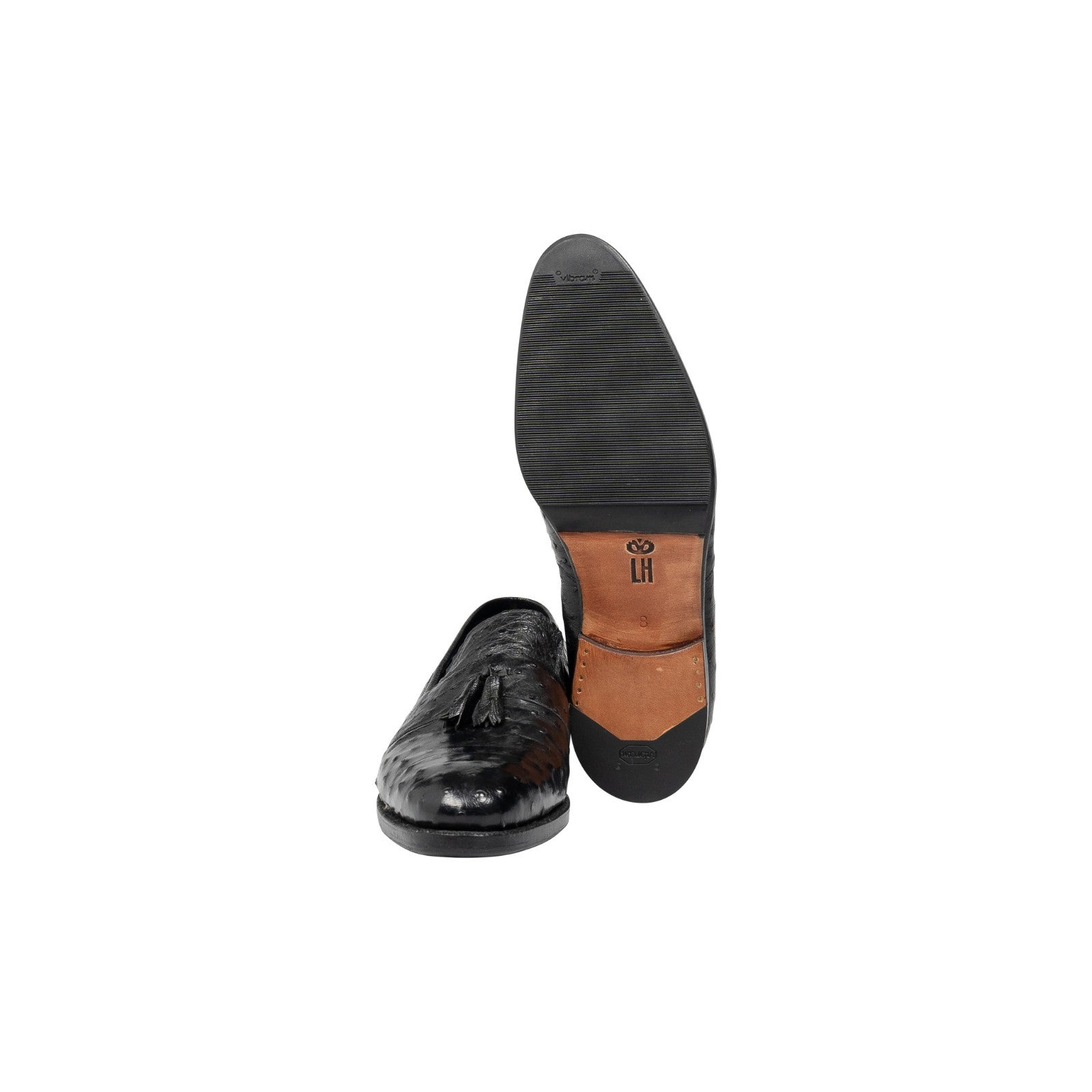 2200$ RUBINACCI LONDON HOUSE Black Ostrich Leather Tassel Loafers Shoes Goodyear