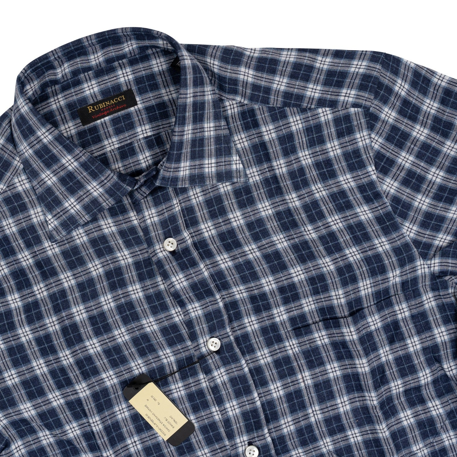 670$ RUBINACCI NAPOLI "Vintage Archive" Blue Checks Hand-Sewn Dress Shirt Linen