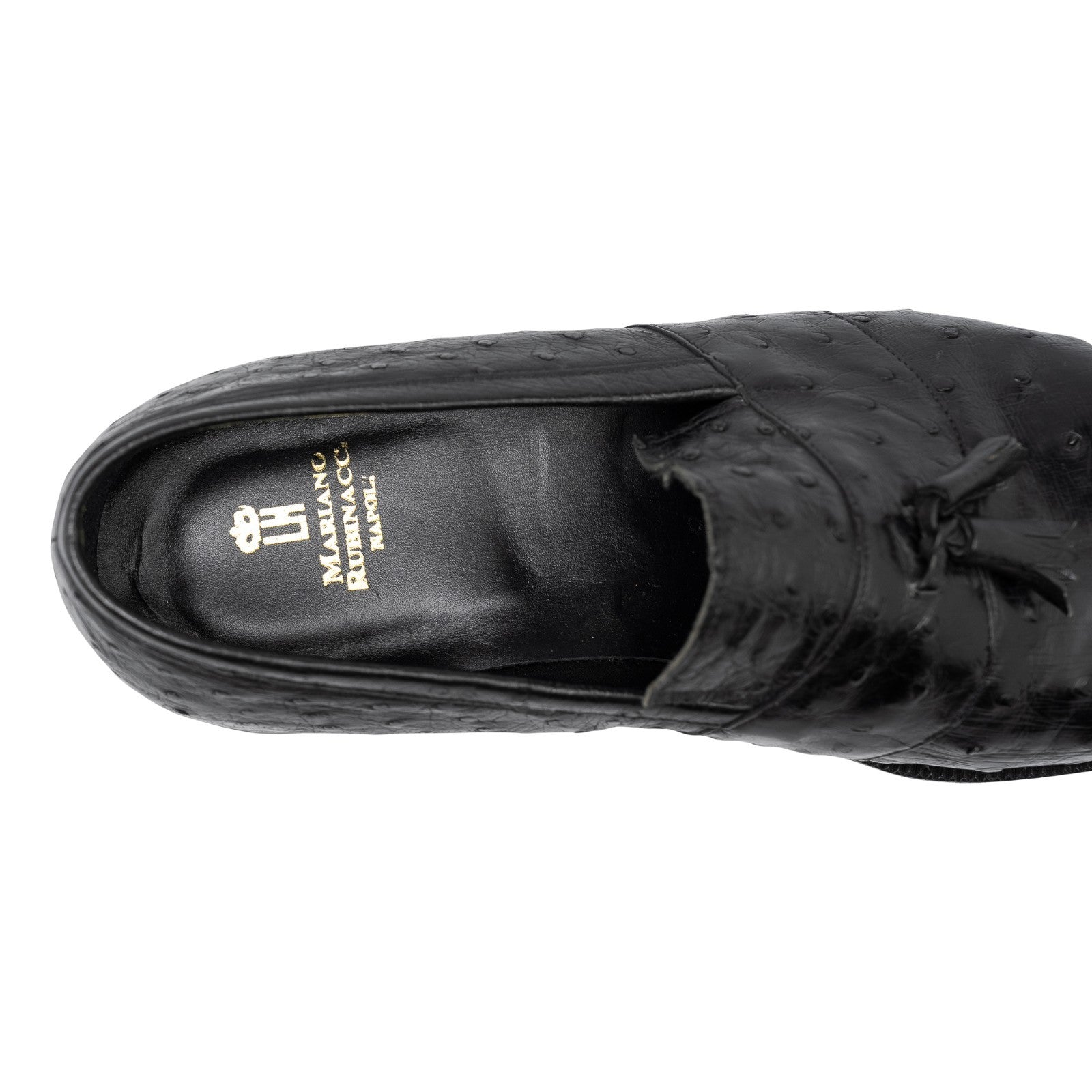 2200$ RUBINACCI LONDON HOUSE Black Ostrich Leather Tassel Loafers Shoes Goodyear