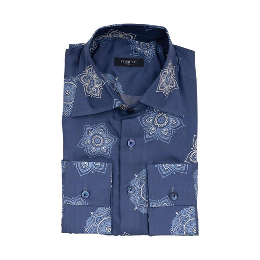 1400$ LUXURY MAROL BOLOGNA Floral Shirt Blue 100% COMO SILK Satin  15.5 - 39