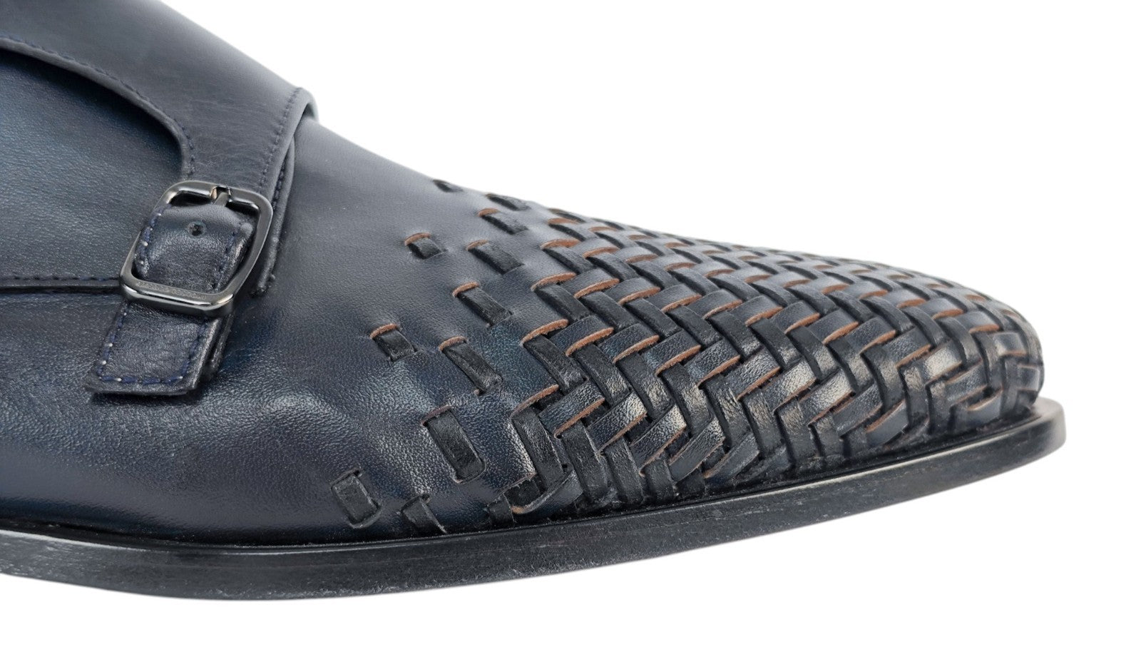 1250$ TESTONI Camogli Double Monk Shoes Woven Antique Calf Navy 8 UK 9 US 42 IT