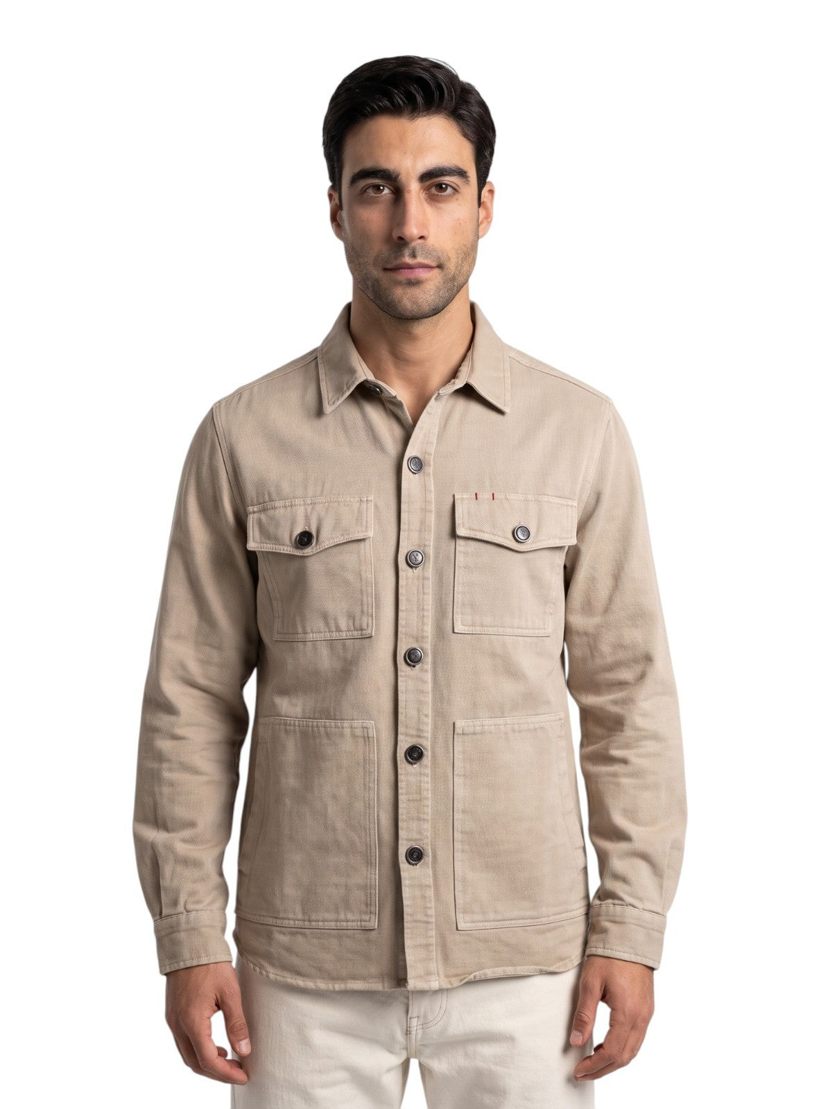 $1650 ISAIA NAPOLI Washed Sand / Beige Overshirt Jacket Denim Cotton