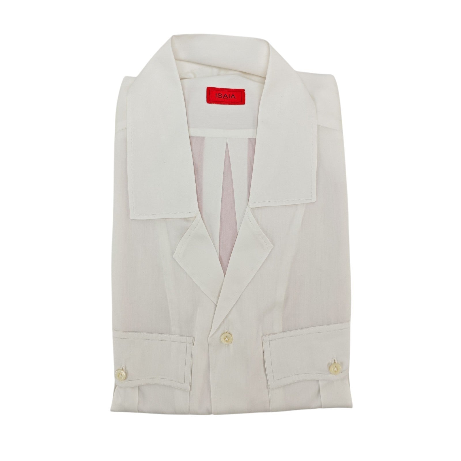 850$ ISAIA NAPOLI Camp Collar Shirt Pockets White Fine Cotton - Silk 17.5 - 44