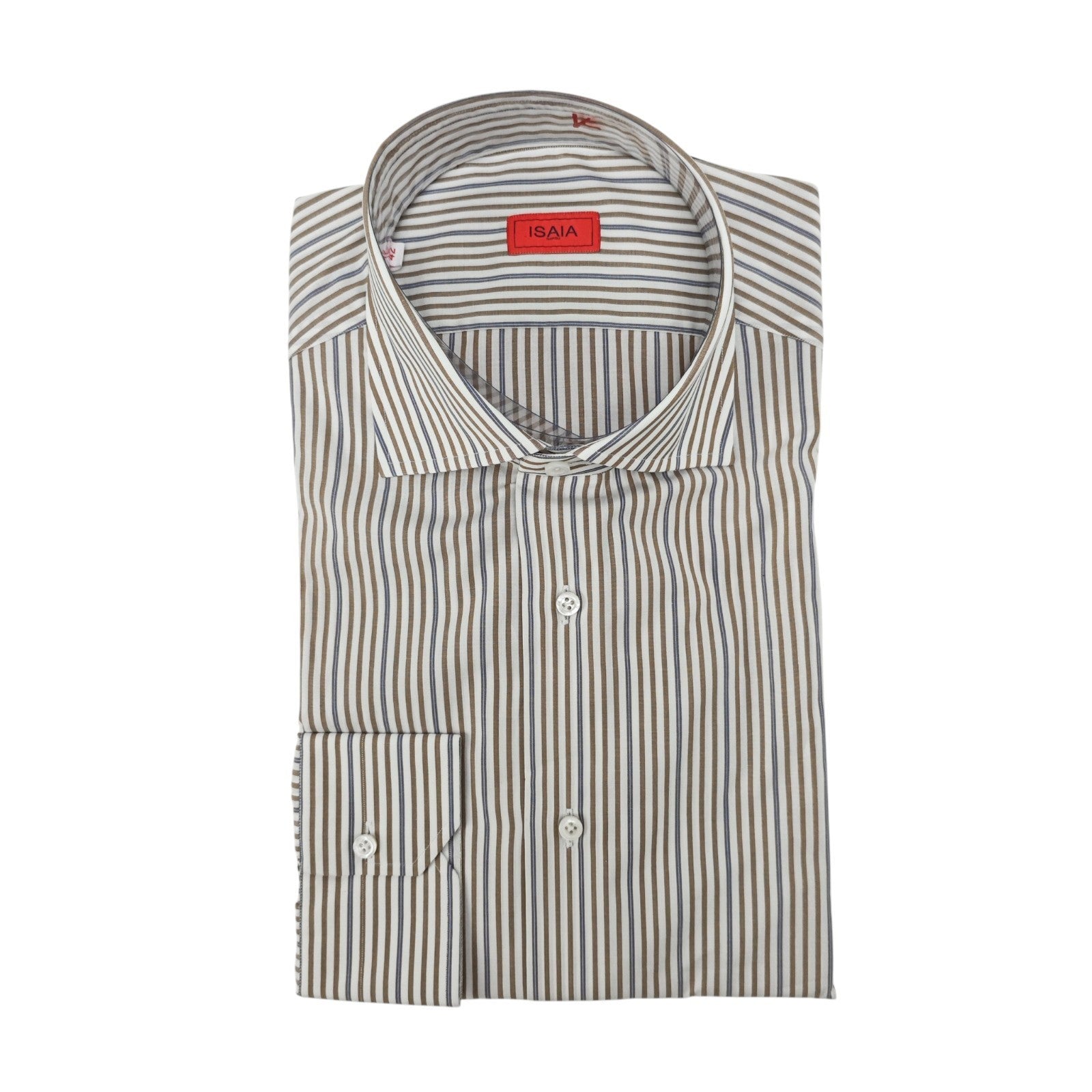 730$ ISAIA NAPOLI "Mix" Dress Shirt White - Beige Striped Fine Cotton 16.5 - 42