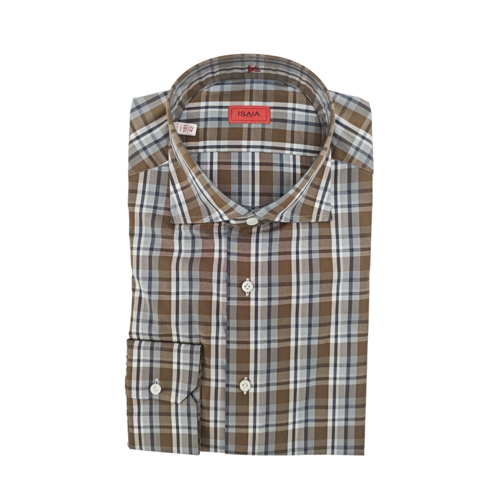 730$ ISAIA "Milano" Dress Shirt Brown Checks Hand-Sewn Fine Cotton 16.5 - 42