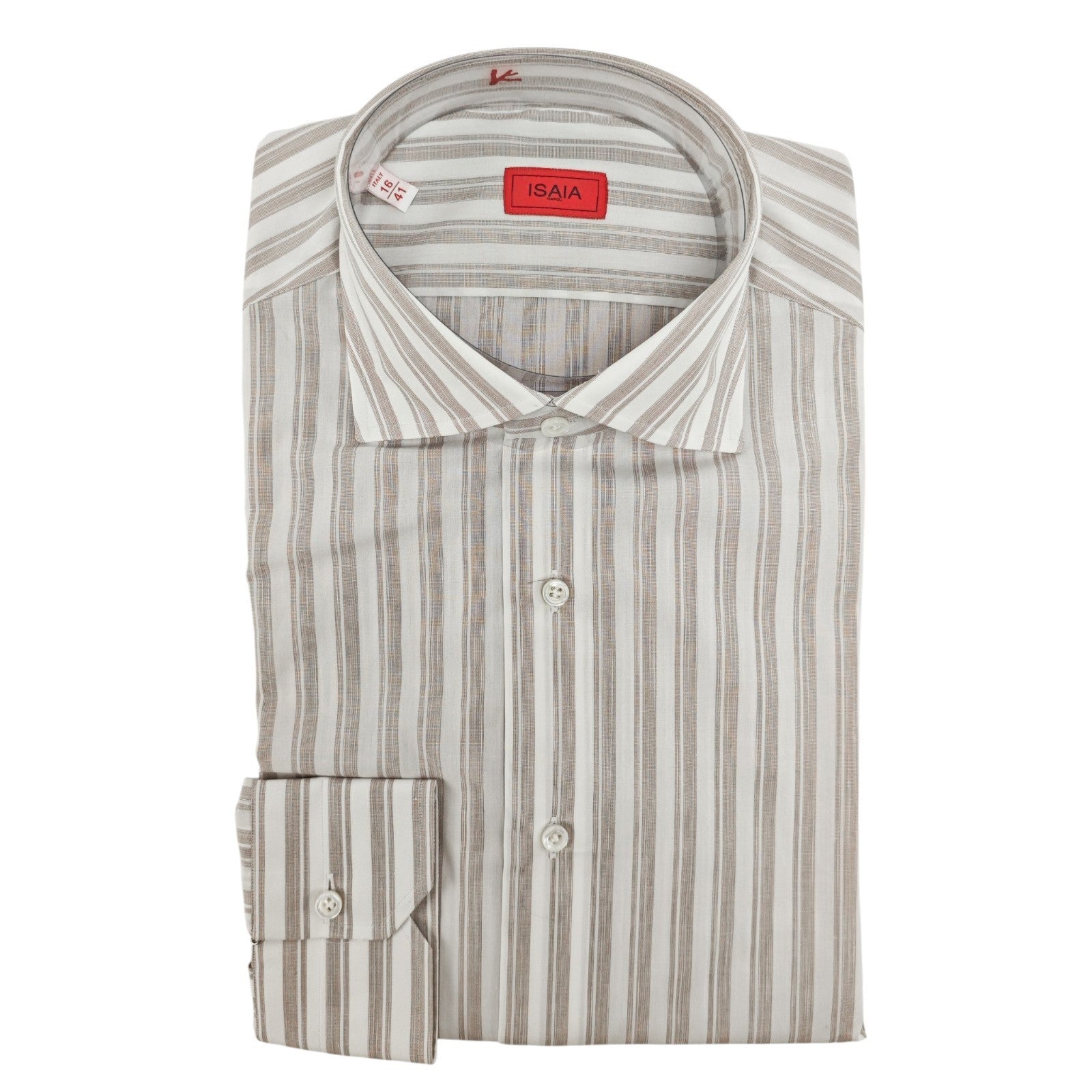 730$ ISAIA NAPOLI "Mix" Dress Shirt White - Beige Striped Fine Cotton 16 - 41