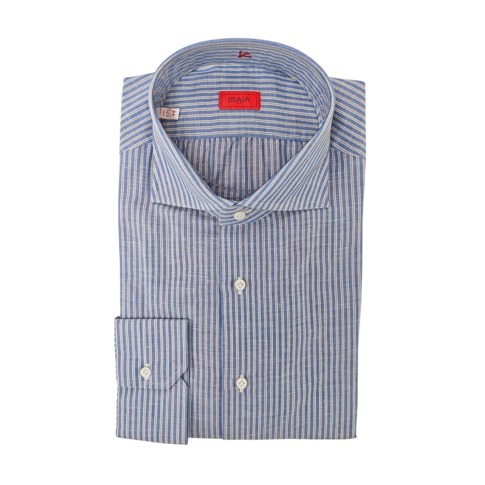 780$ ISAIA NAPOLI "Mix" Blue / White Dress Shirt Striped Cotton Linen 17.5 - 44