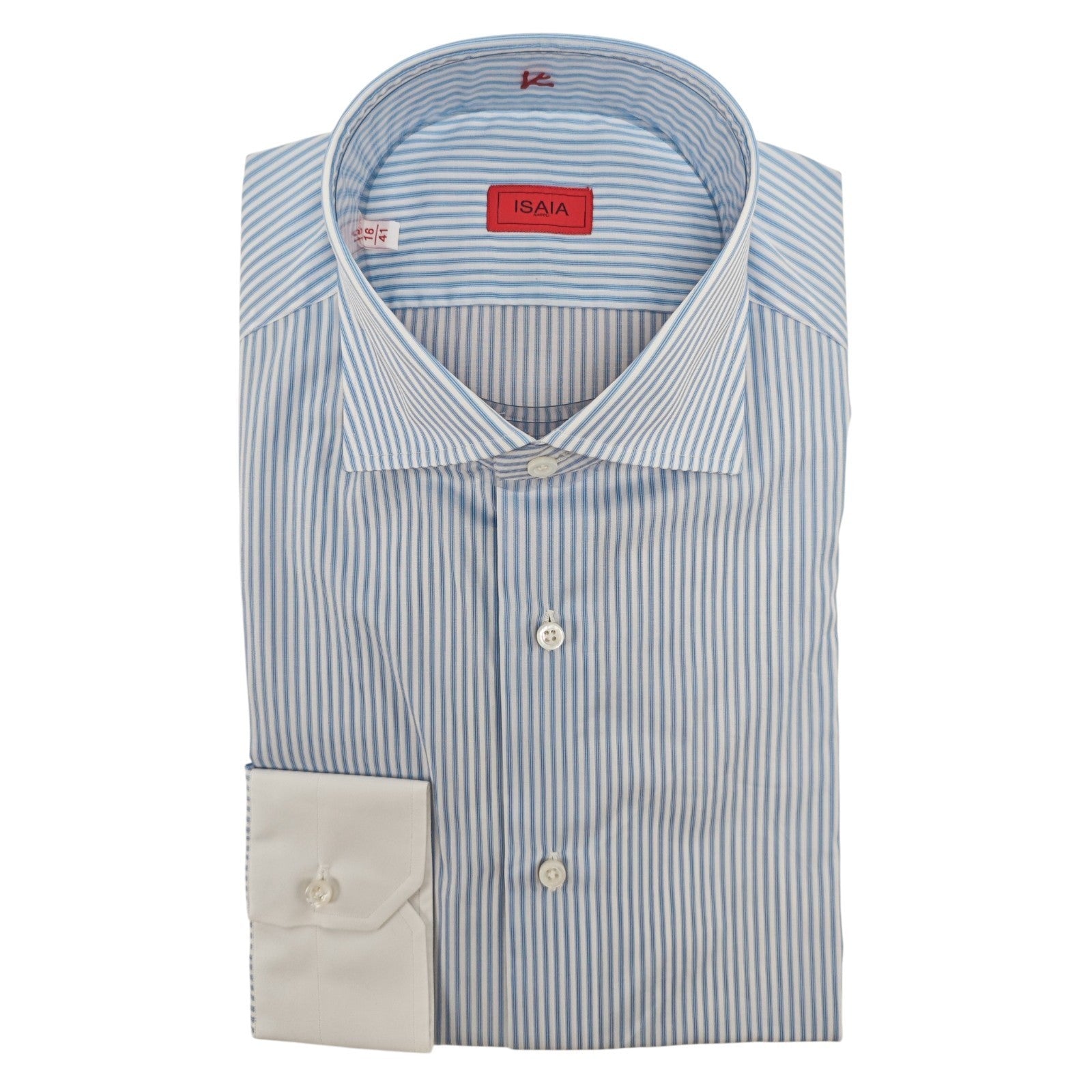 730$ ISAIA NAPOLI "Mix" Dress Shirt Light Blue Striped Fine Cotton 16 - 41