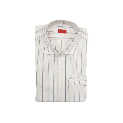 690$ ISAIA NAPOLI White / Beige Hand-Sewn Striped Casual Shirt Cotton 17.5 - 44