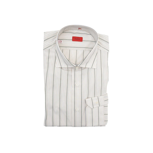 690$ ISAIA NAPOLI White / Beige Hand-Sewn Striped Casual Shirt Cotton 17.5 - 44