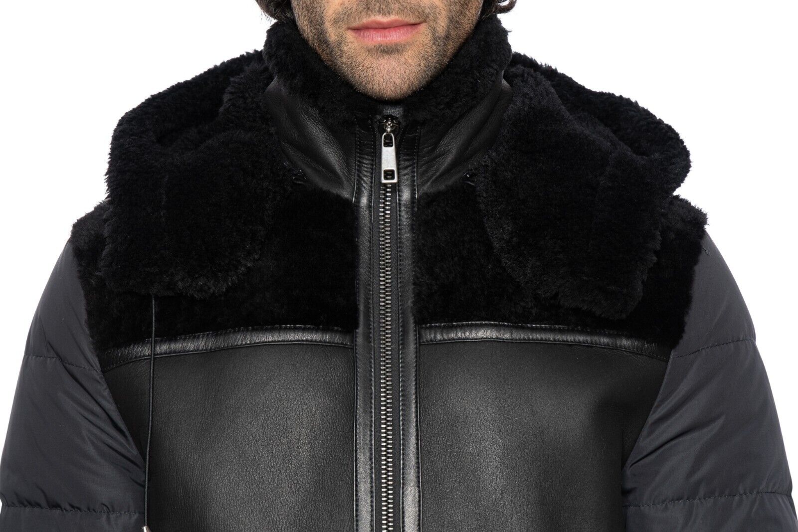 $3885 HETTABRETZ for TESTONI Black Jacket Coat Puffer Goose Down + Shearling