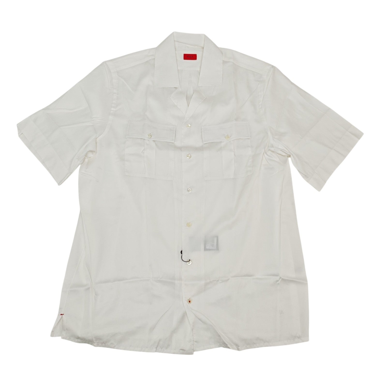 850$ ISAIA NAPOLI Camp Collar Shirt Pockets White Fine Cotton - Silk 17.5 - 44