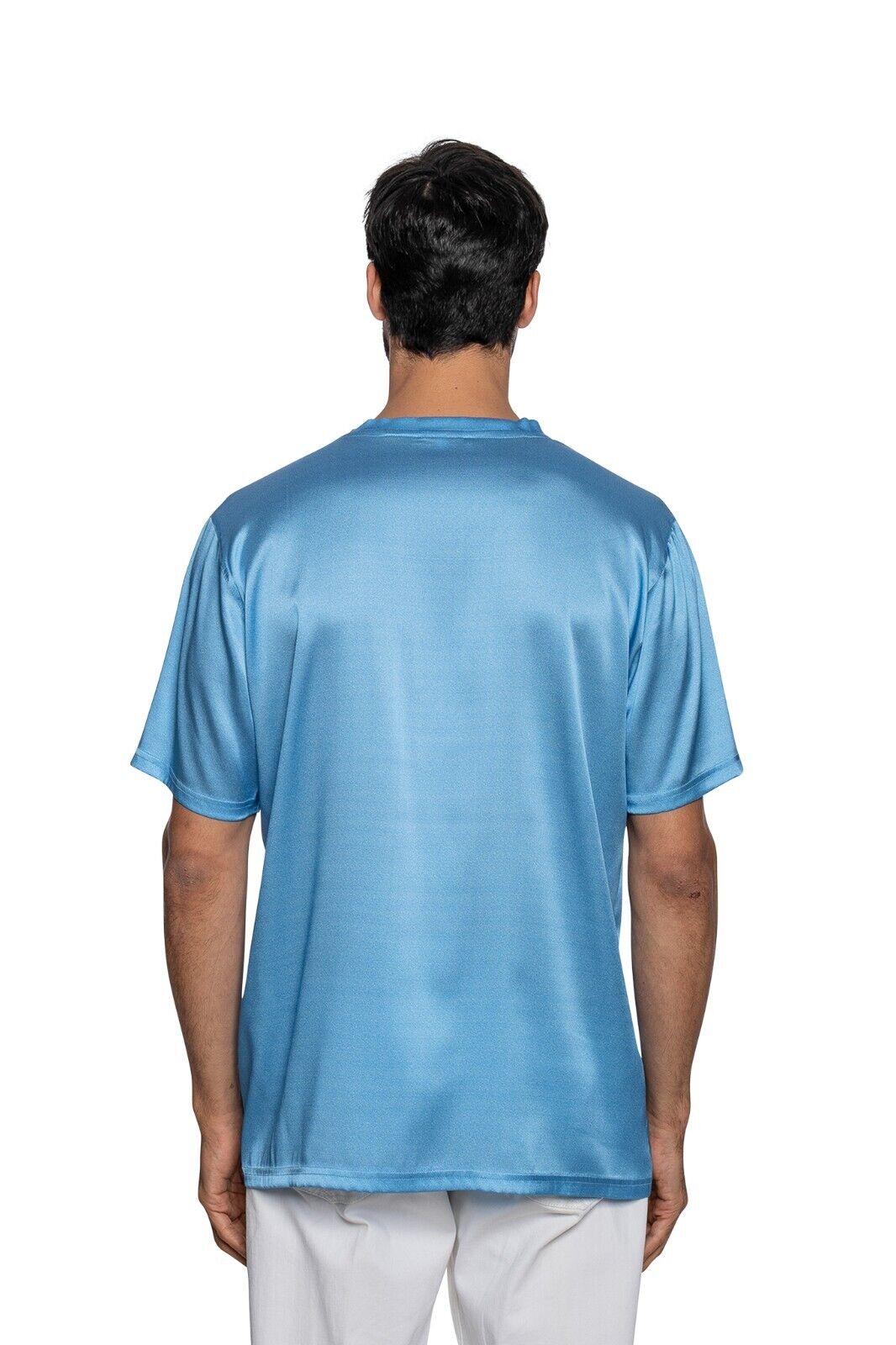 750$ ITALO FERRETTI T-Shirt Blue "V-Neck" 100% Silk COMO Satin Size XL BIJAN