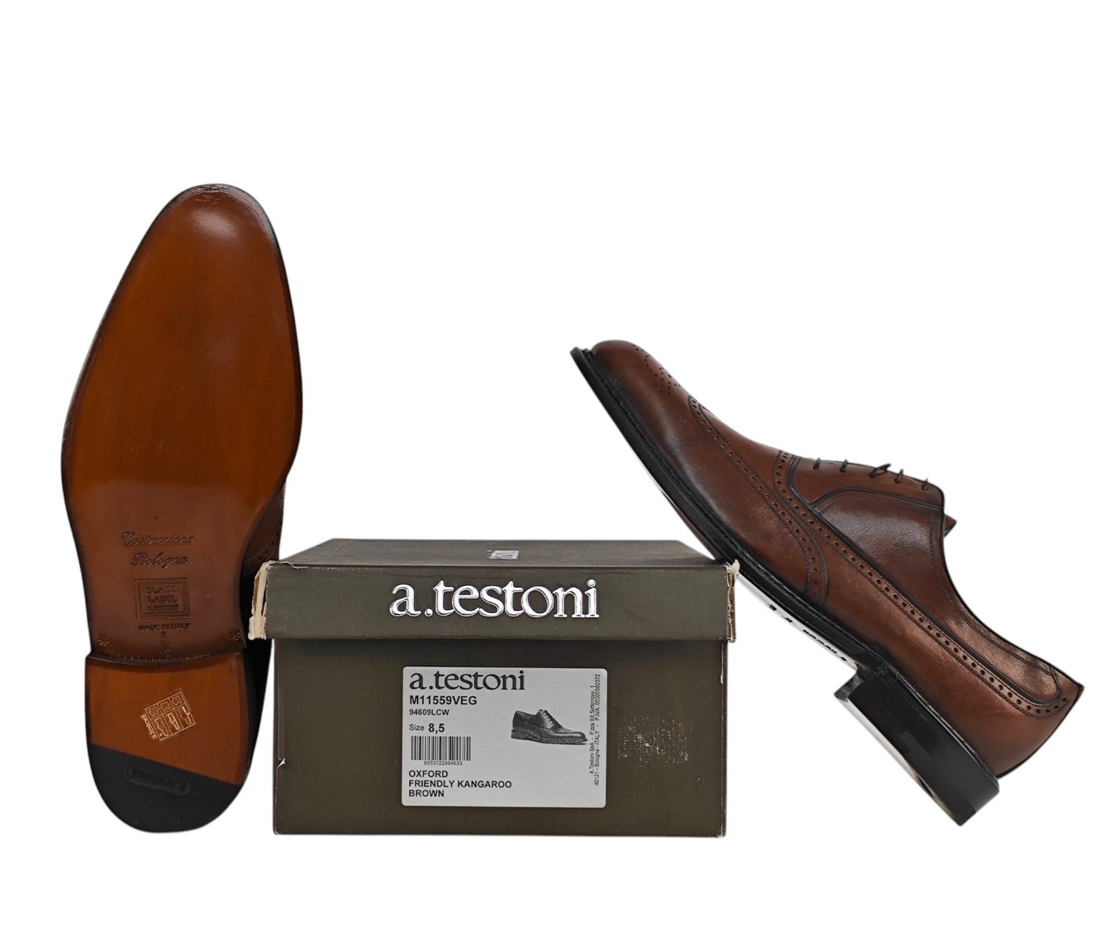 $1550 TESTONI Goodyear Bolognese Oxford Shoes Kangaroo Leather Brown