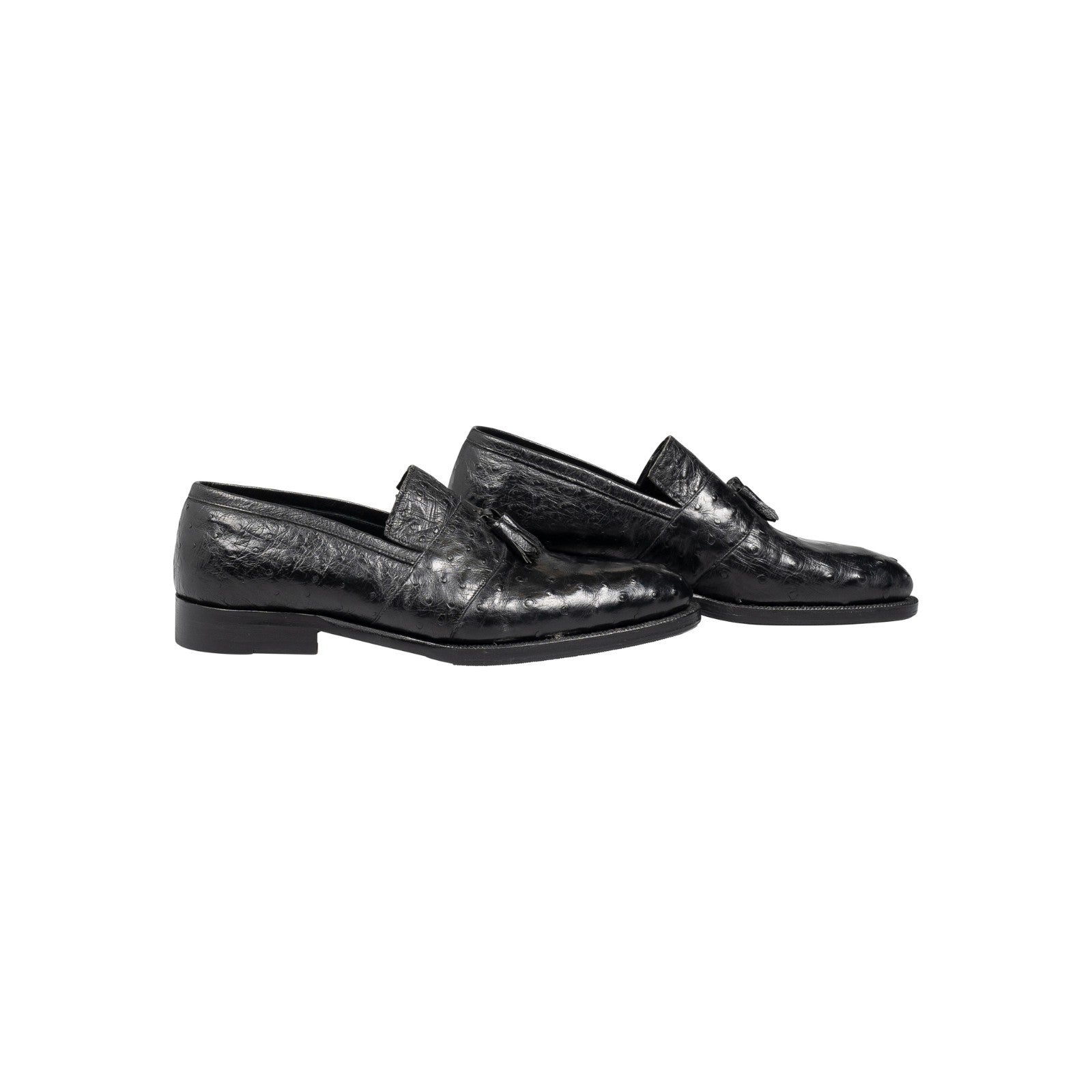 2200$ RUBINACCI LONDON HOUSE Black Ostrich Leather Tassel Loafers Shoes Goodyear
