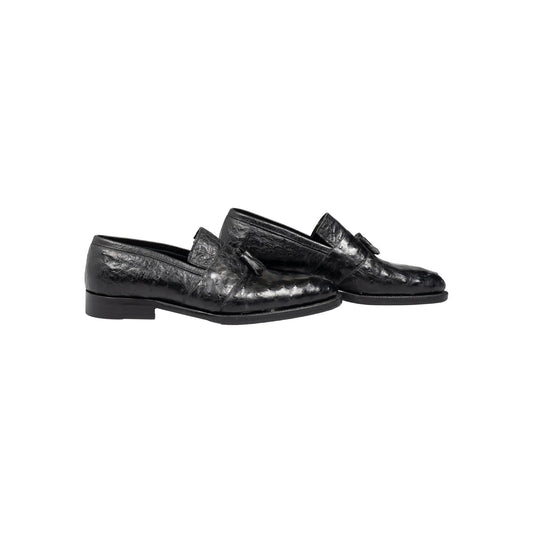 2200$ RUBINACCI LONDON HOUSE Black Ostrich Leather Tassel Loafers Shoes Goodyear