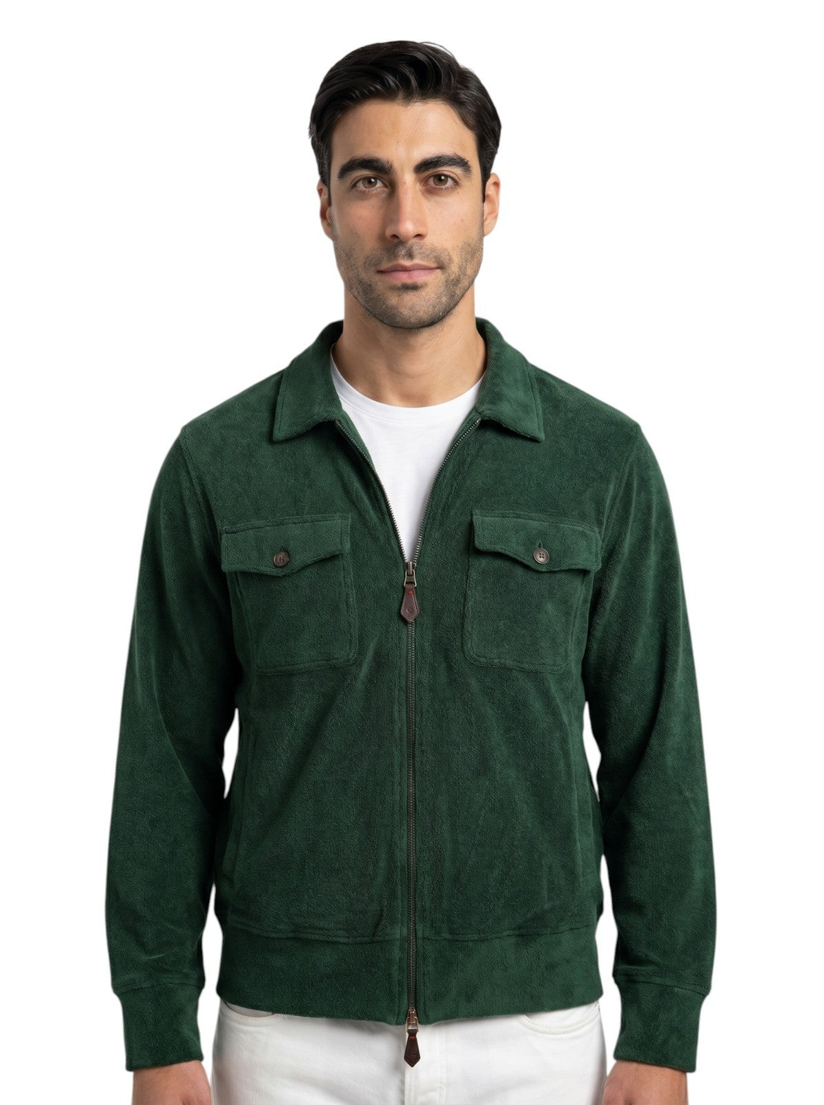 $1750 ISAIA NAPOLI Forest Green Zip Track Jacket Terry Cotton - Silk Size M