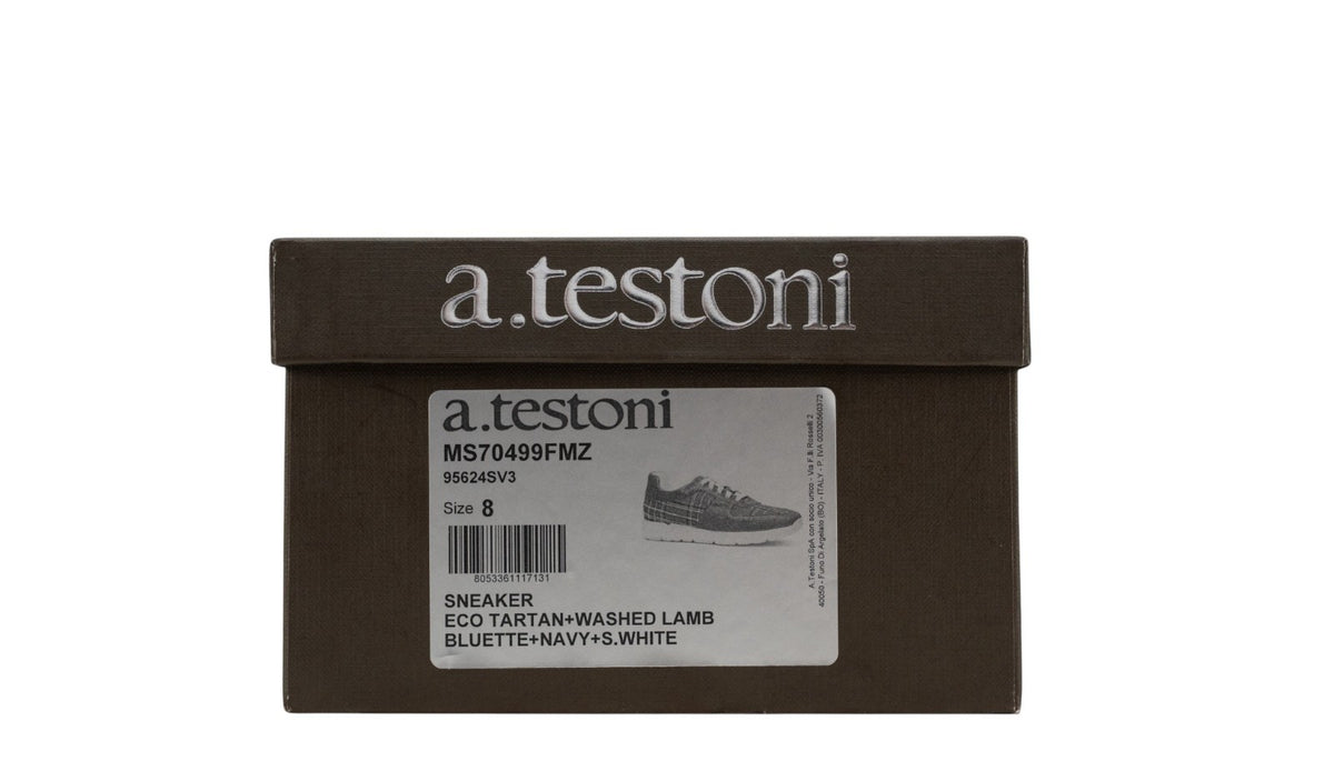 850$ TESTONI Sneaker Eco Tartan + Washed Lamb Bluette Navy 8 UK  / 9 US / 42 IT