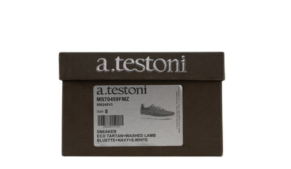 850$ TESTONI Sneaker Eco Tartan + Washed Lamb Bluette Navy 8 UK  / 9 US / 42 IT