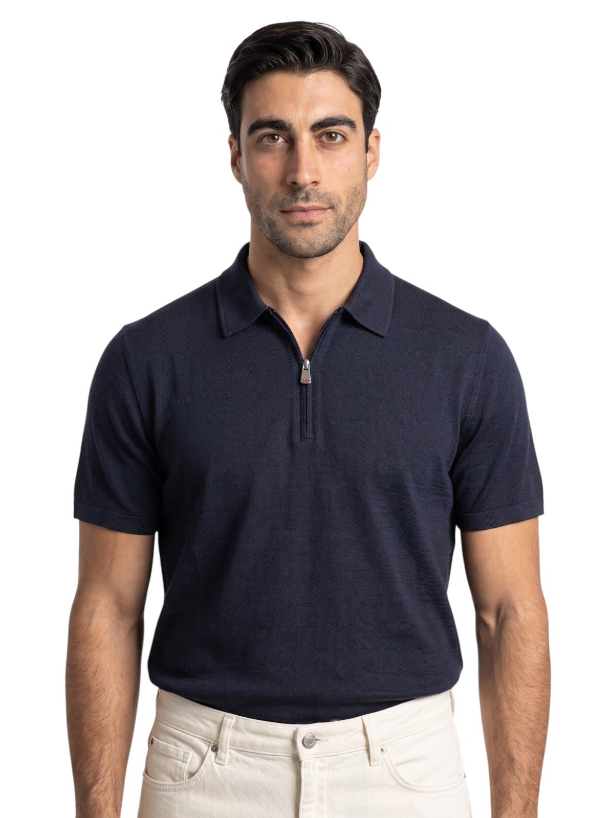 1100$ ISAIA NAPOLI Blue Navy Handmade Polo Zip Short Sleeve Knit Wool