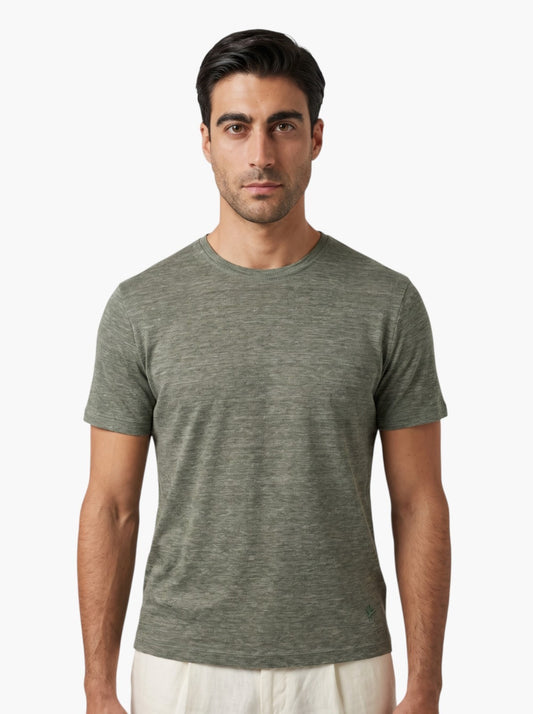 750$ ISAIA NAPOLI Olive Green T-Shirt 100% Linen Size M Made in Italy