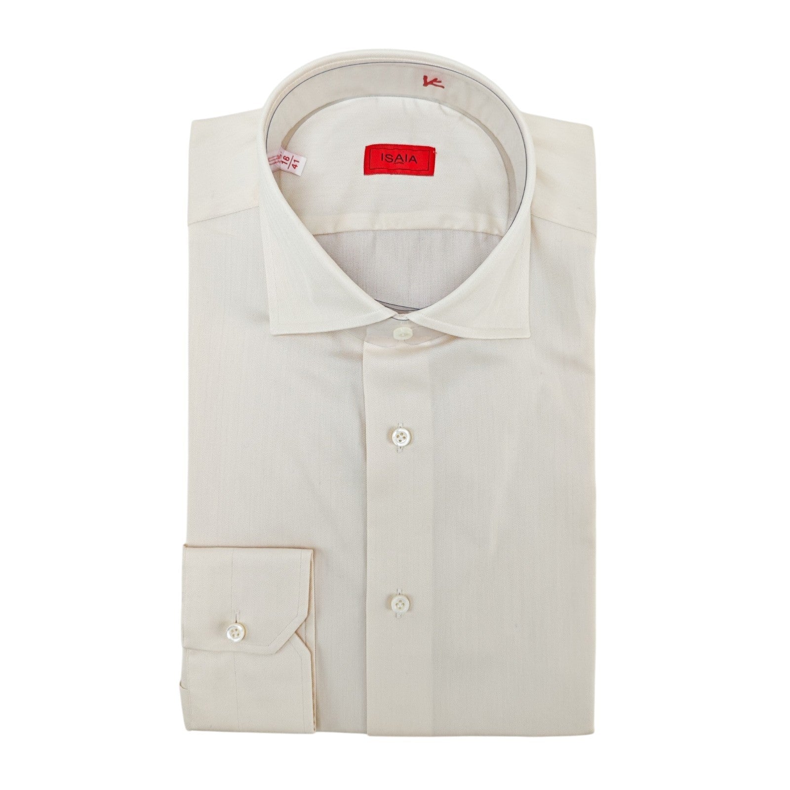 780$ ISAIA NAPOLI Dress Shirt Ivory Herringbone Medium Cotton 16 - 41  4F