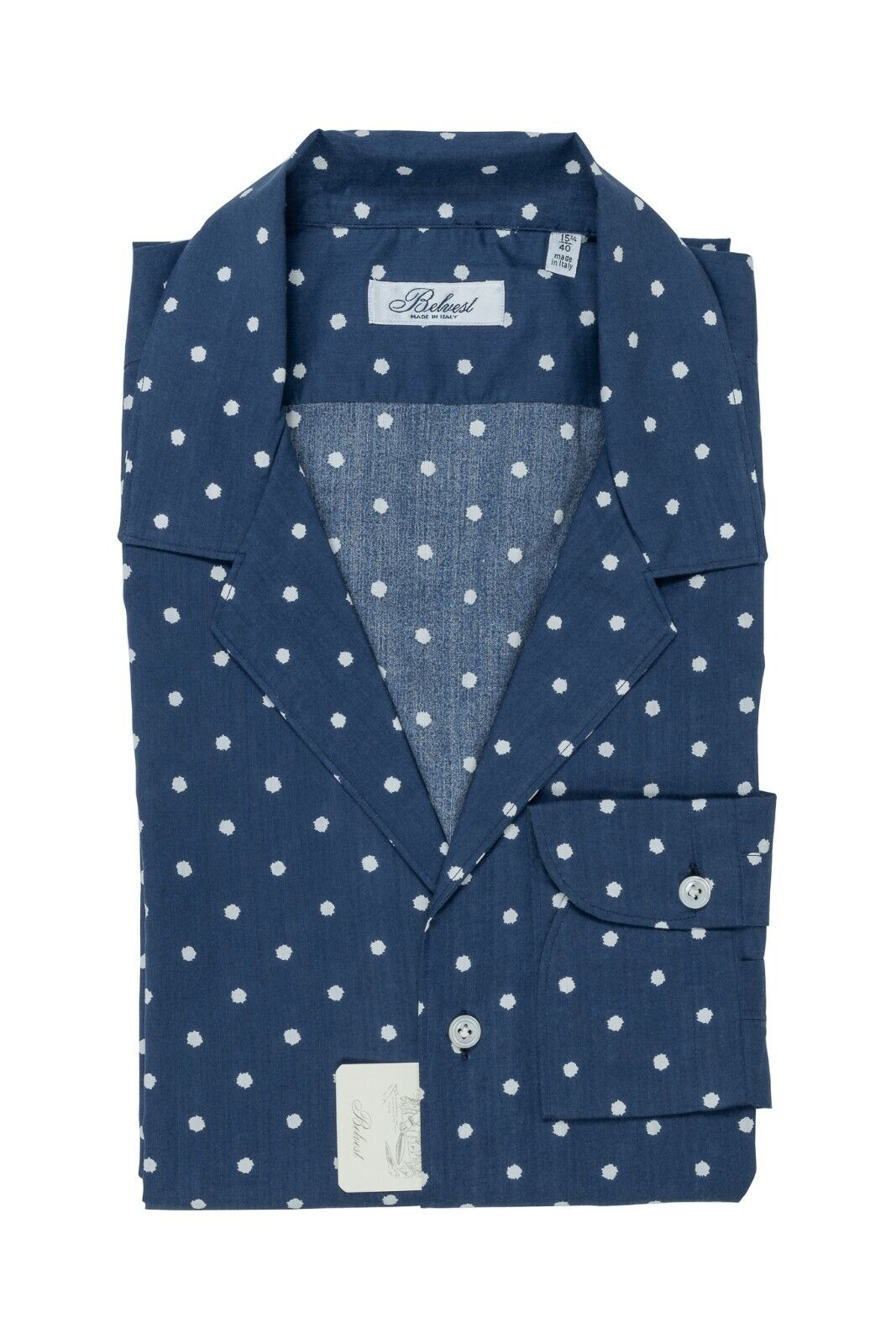 350$ BELVEST by FINAMORE Blue Geometric Camp Collar Shirt 7 Passages Hand-Sewn