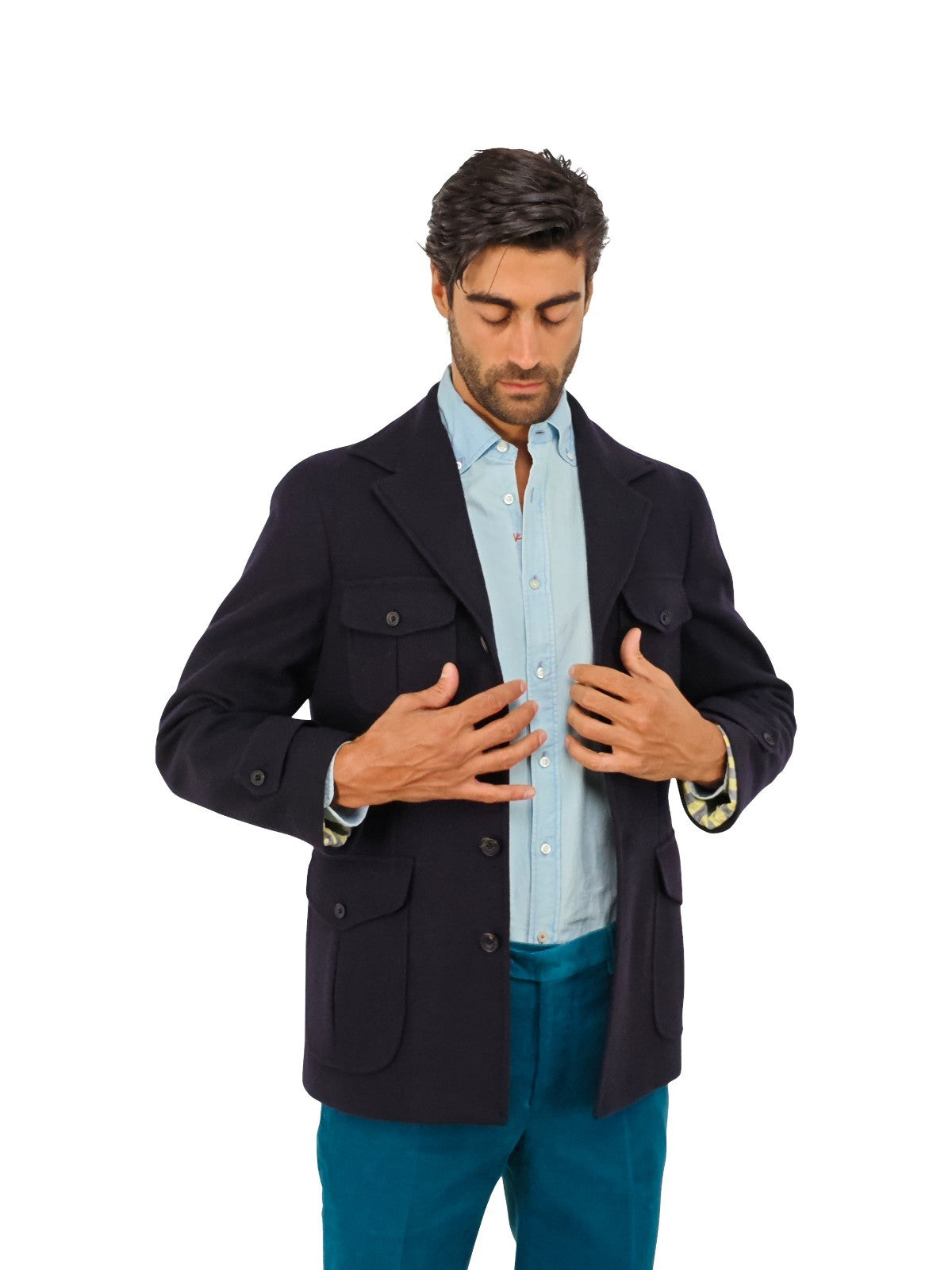 $2200 RUBINACCI NAPOLI "Giorgio" Blue Navy Sahariana Jacket 100% Cashmere