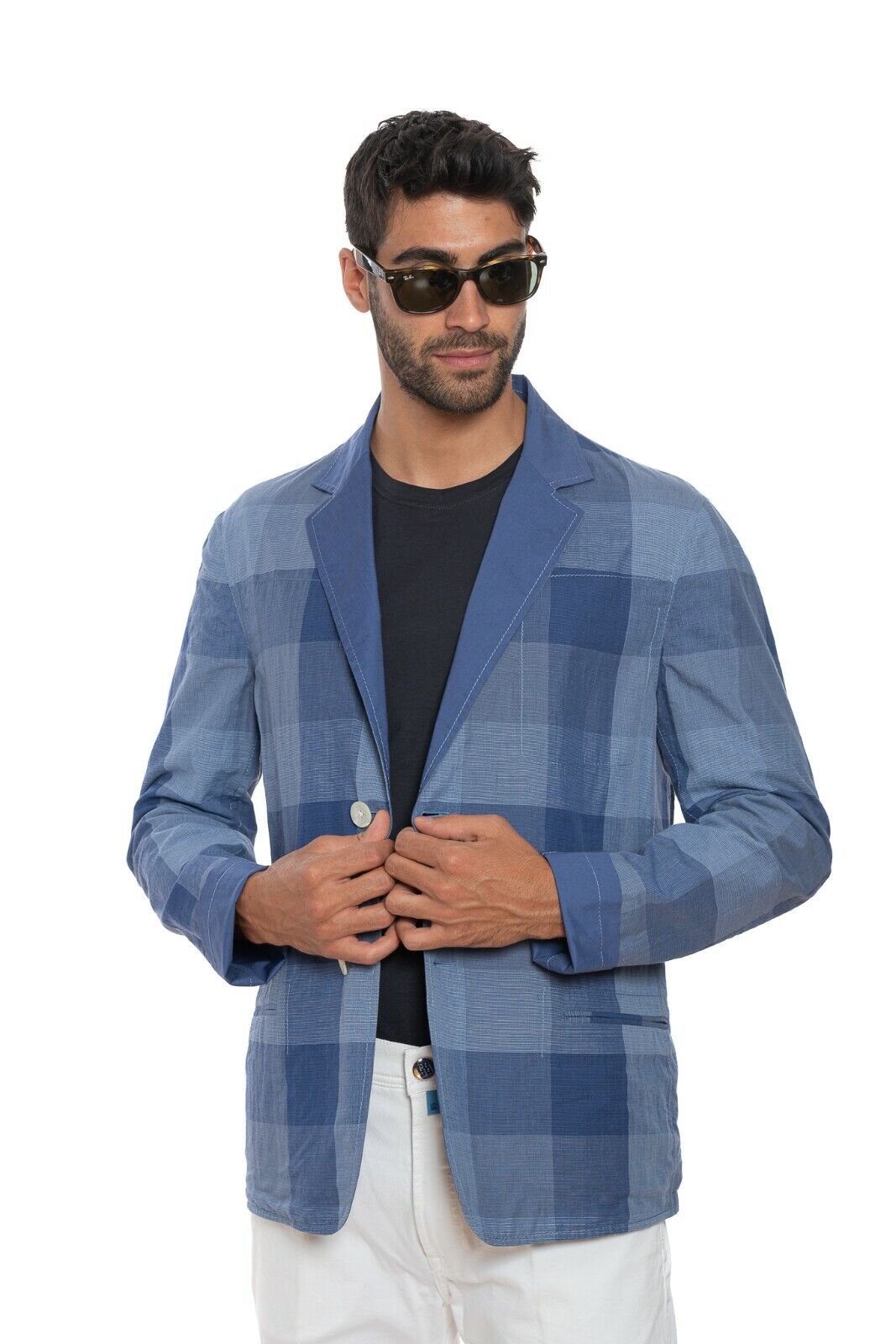 1450$ BELVEST Jacket Solid / Checks Blue Violet Reversible Cotton  Linen  Ramiè