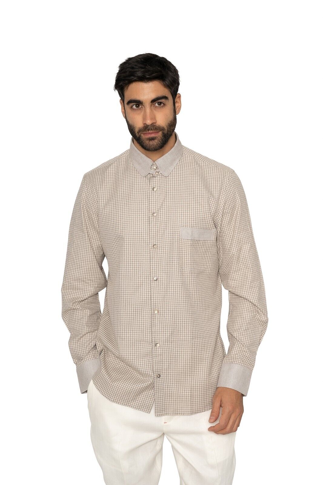 1400$ LUXURY MAROL BOLOGNA Checks Shirt Beige LORO PIANA Cotton 16 - 41