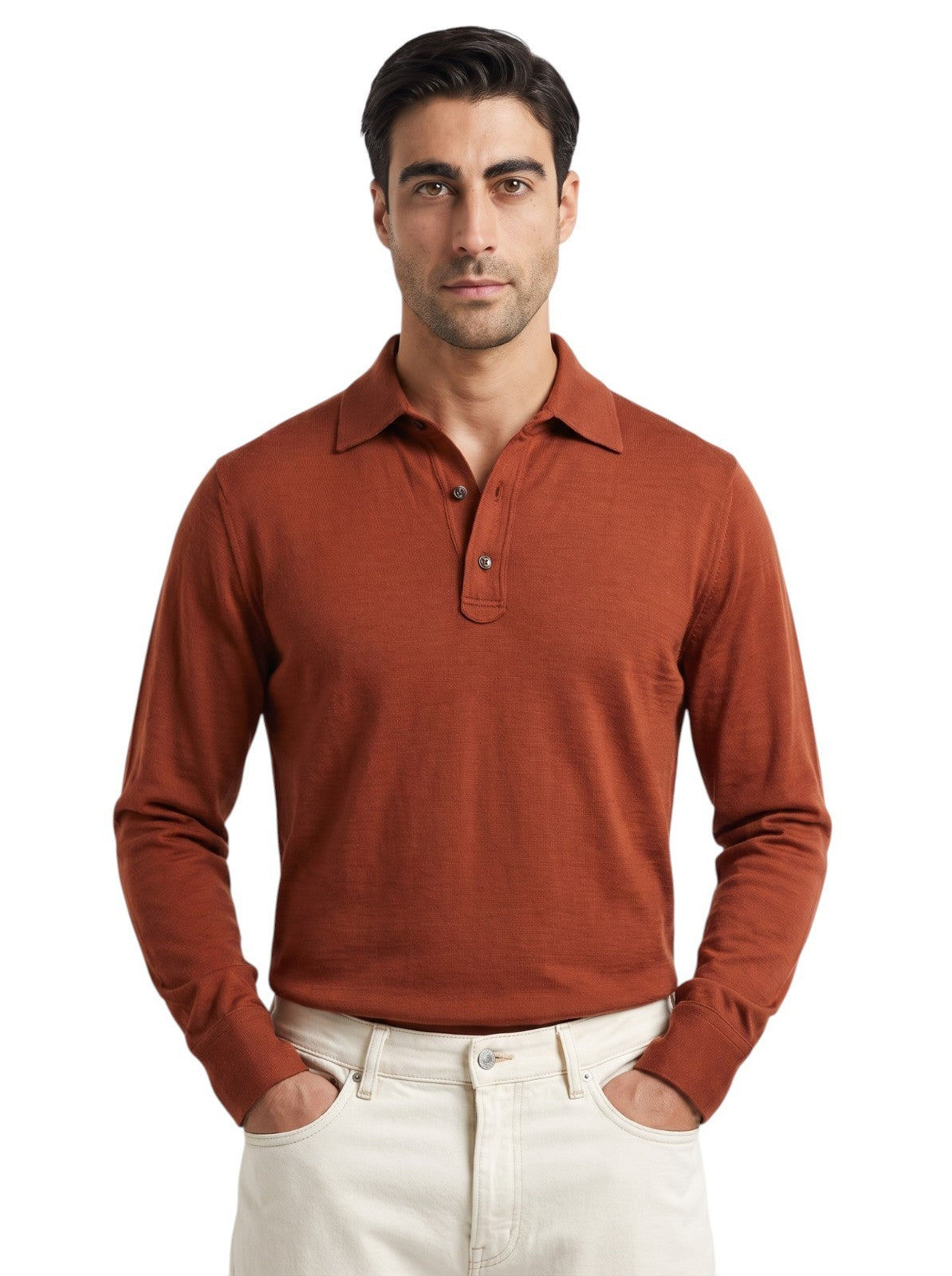 1200$ ISAIA NAPOLI Rust Handmade Polo Long Sleeve Knit Wool Jersey