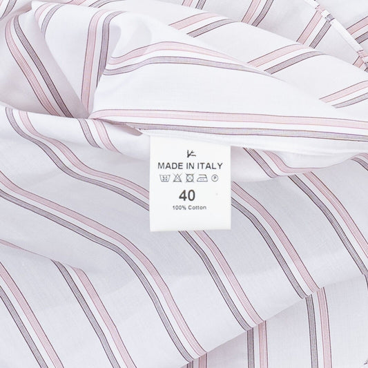 690$ ISAIA NAPOLI Striped White / Pink Hand-Sewn Sartorial Dress Shirt Cotton