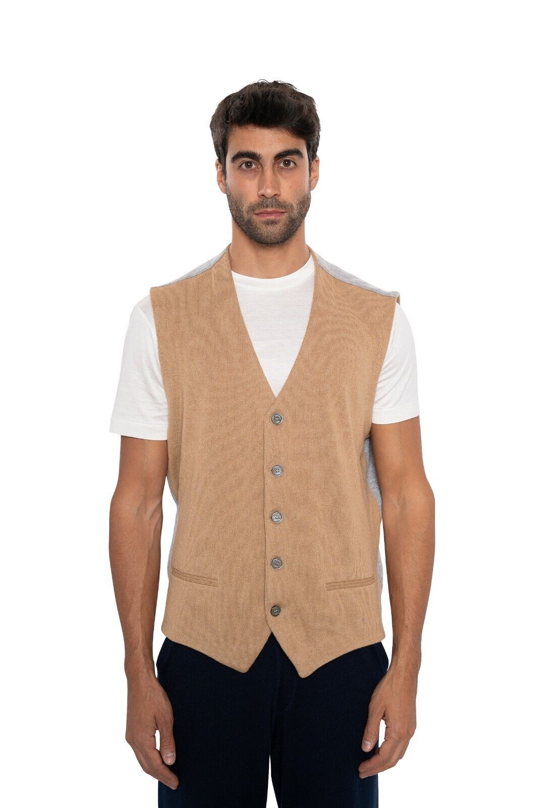$1800 FEDELI  "Baltimora" Beige / Gray Cardigan Vest 100% Cashmere 46 US / 56 EU