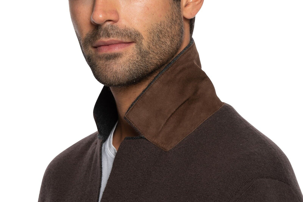 $1900 FEDELI CASHMERE Cardigan Jacket Knit 100% Cashmere + Leather 40 US  50 EU