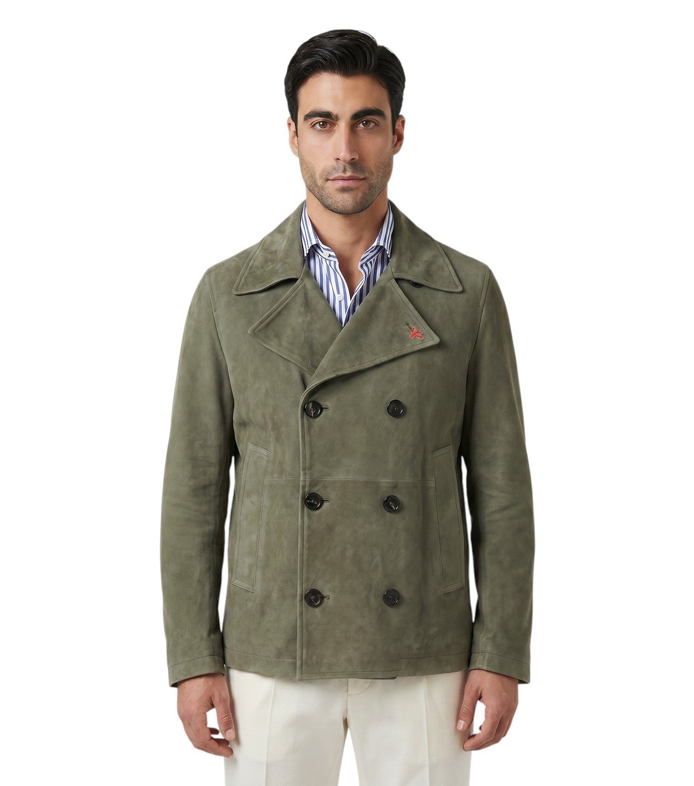 $6750 ISAIA Slate Green Double Breasted Pea Coat Lambskin Suede 38 US / 48 EU