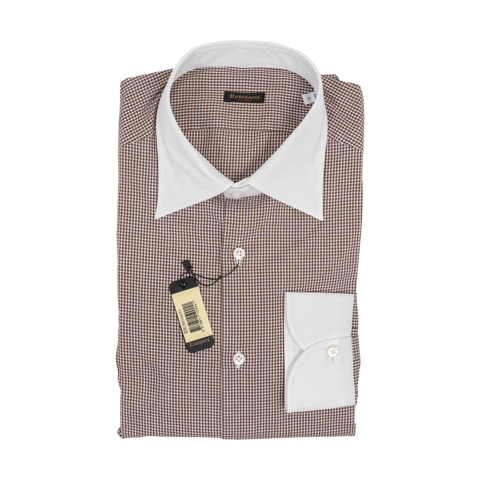 670$ RUBINACCI NAPOLI "Wall Street" White / Brown Hand-Sewn Point Shirt Cotton