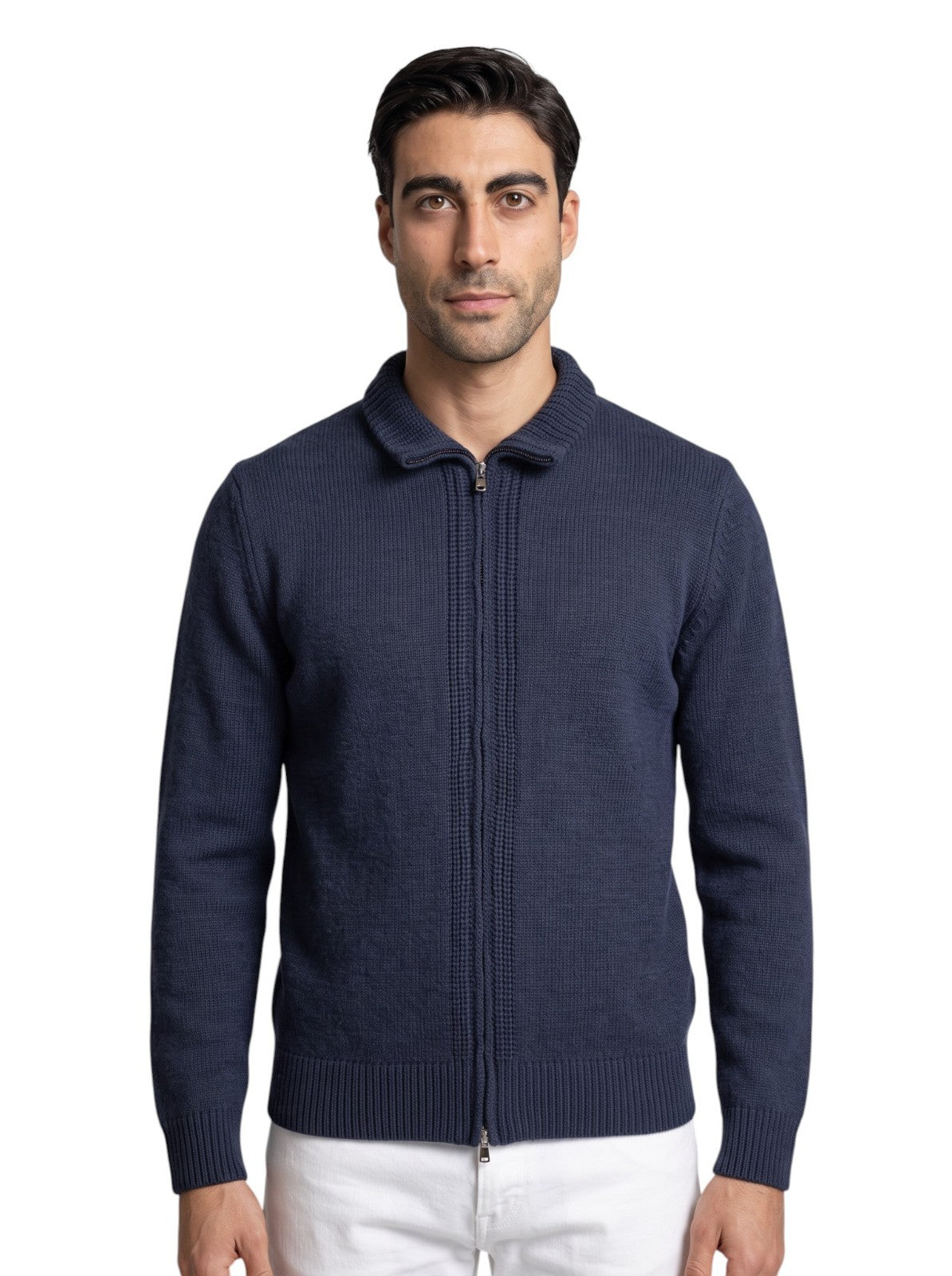 420$ DELLA CIANA Blue Navy MockNeck Zip 100% Wool 40 US / 50 EU