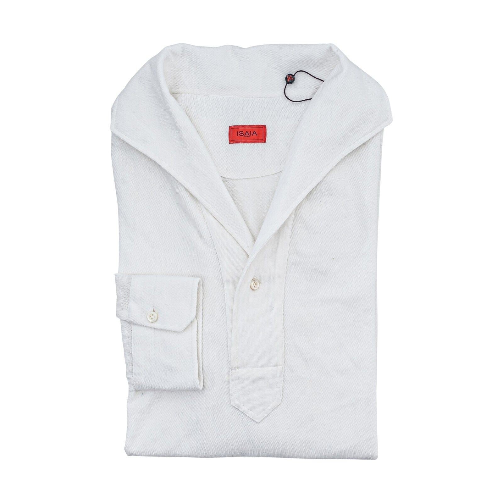 750$ ISAIA NAPOLI White Blue Piquet Polo Camp Collar Long Sleeve Cotton Sz M