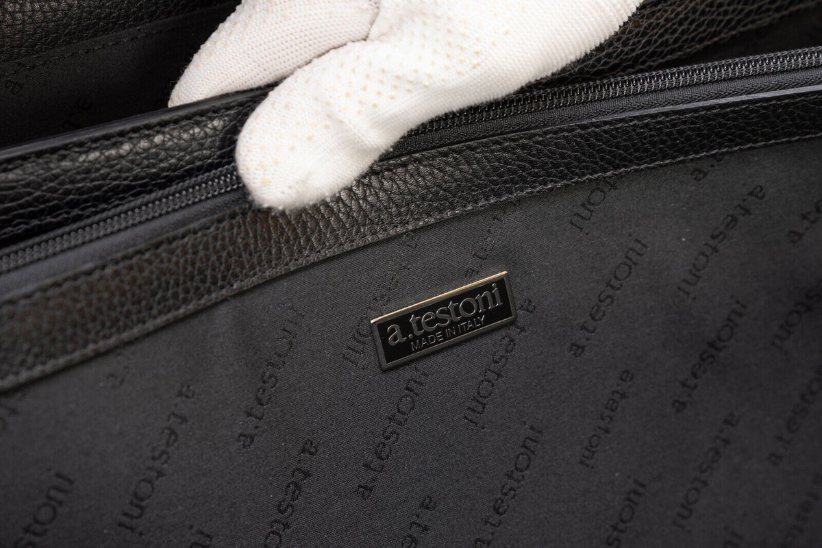 $2890 Testoni Bologna Trolley Briefcase PC Case Black Bright Karibu Calf 