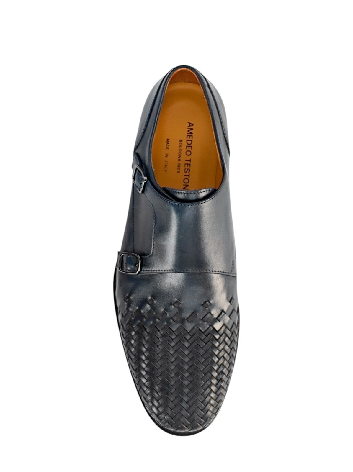 1250$ TESTONI Camogli Double Monk Shoes Woven Antique Calf Navy 8 UK 9 US 42 IT