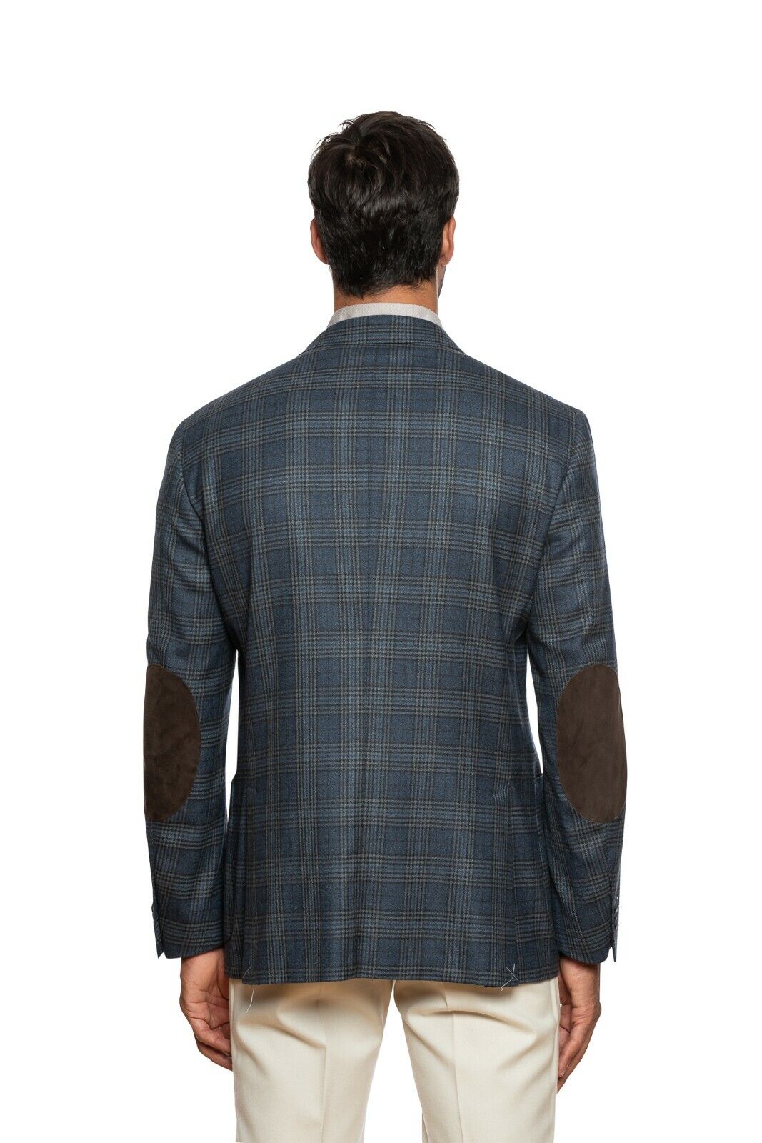 1250$ CORNELIANI Jacket Blue Prince of Wales Wool 130's + Leather 40 US / 50 EU