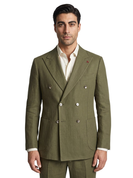 $8395 ISAIA "Domenico" Green Double Breasted Suit 100% Linen 40 US / 50 EU  7C