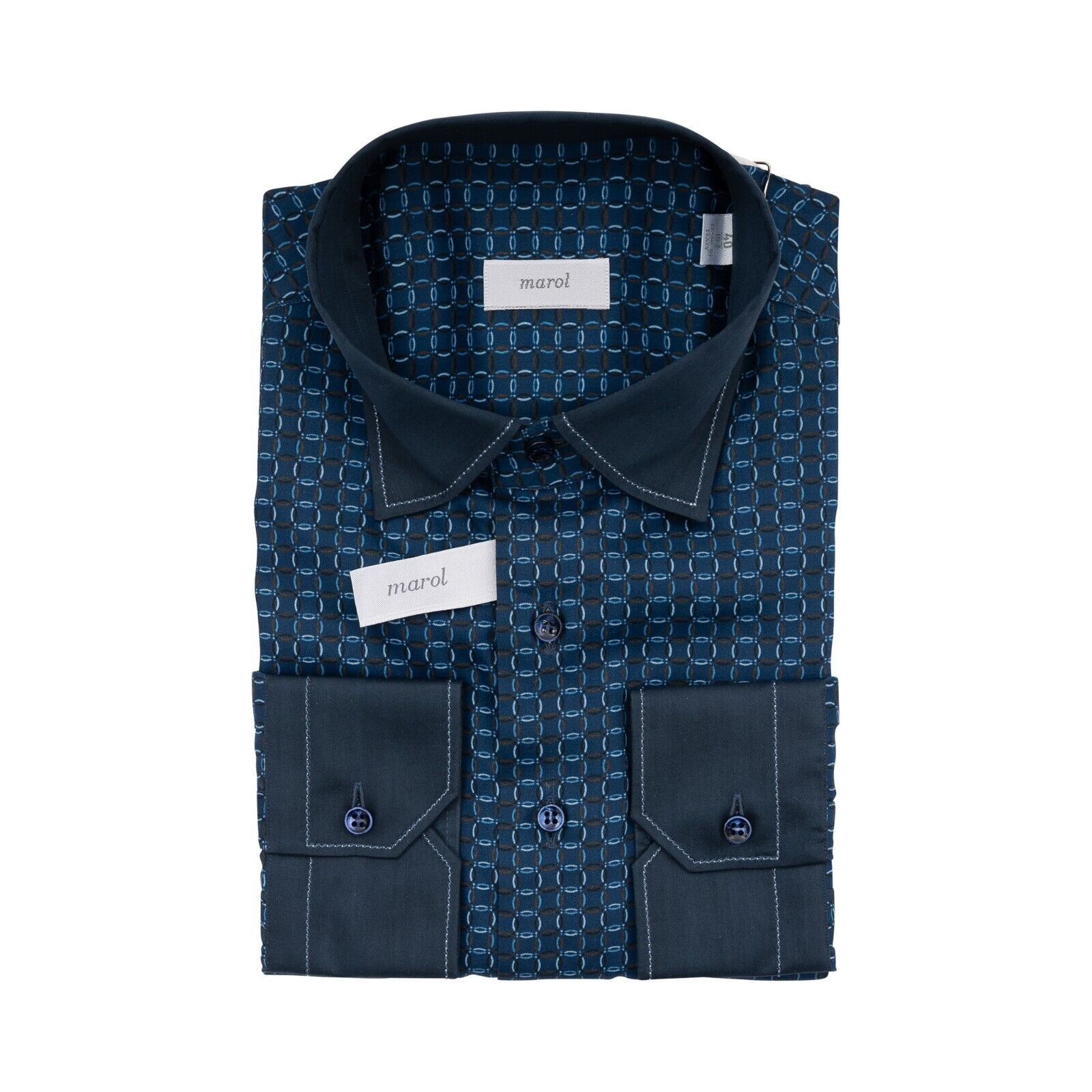 1400$ LUXURY MAROL BOLOGNA Shirt Blue "Rings" 100% Alumo Cotton  15.75 - 40