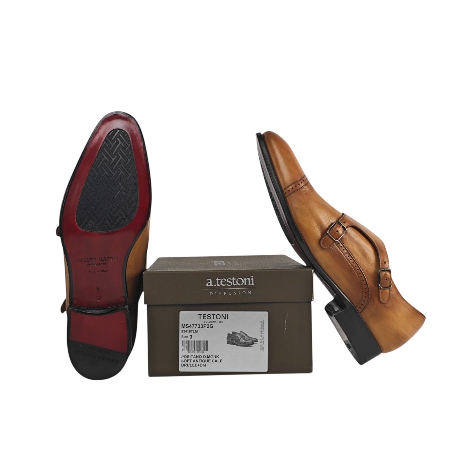 1250$ TESTONI "Positano" Double Monk Shoes Washed Calf 8 UK / 9 US / 42 IT