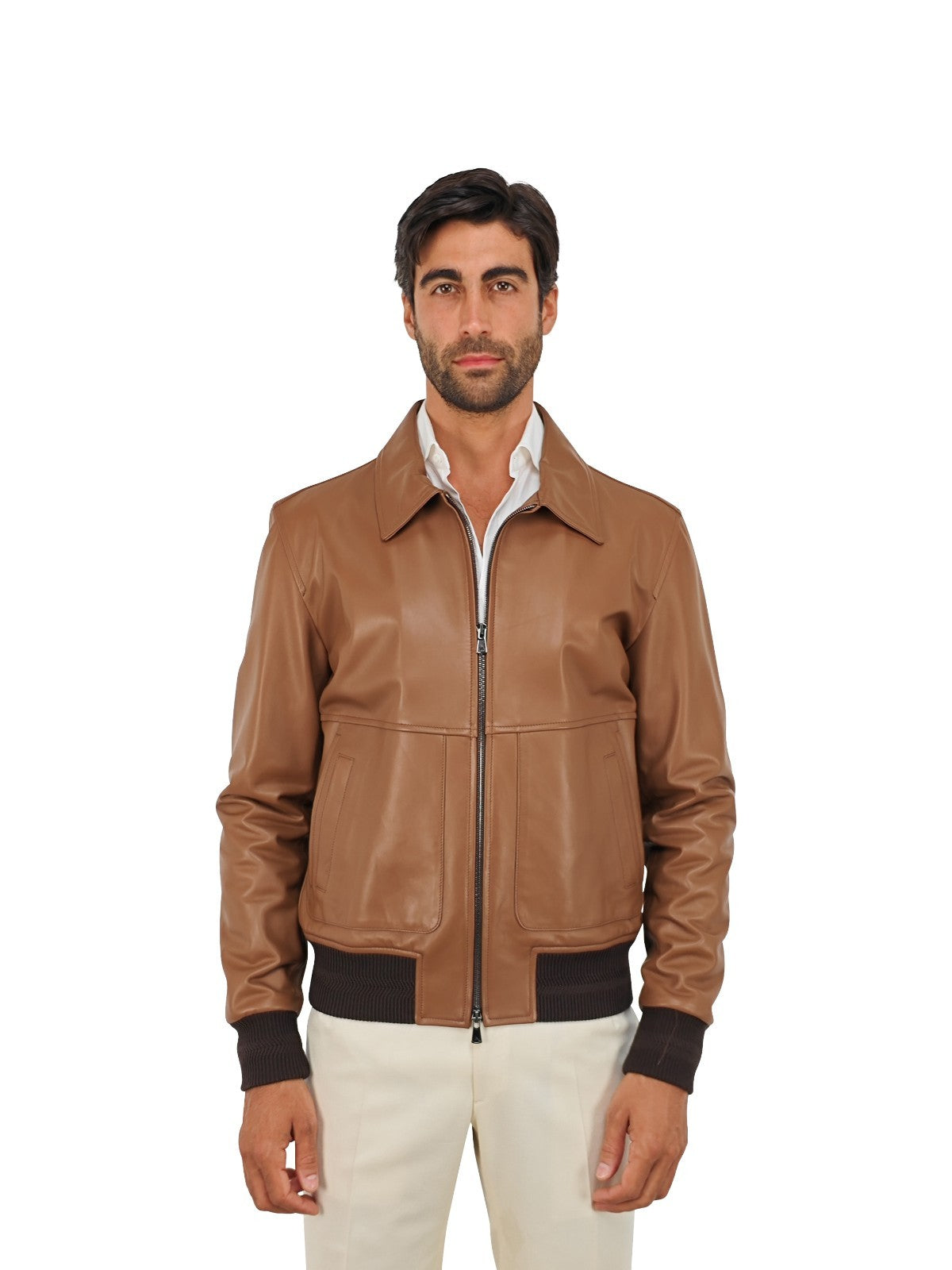 $5800 ISAIA NAPOLI Brown Cognac Bomber Jacket 100% Lambskin Leather 38 US 48 EU