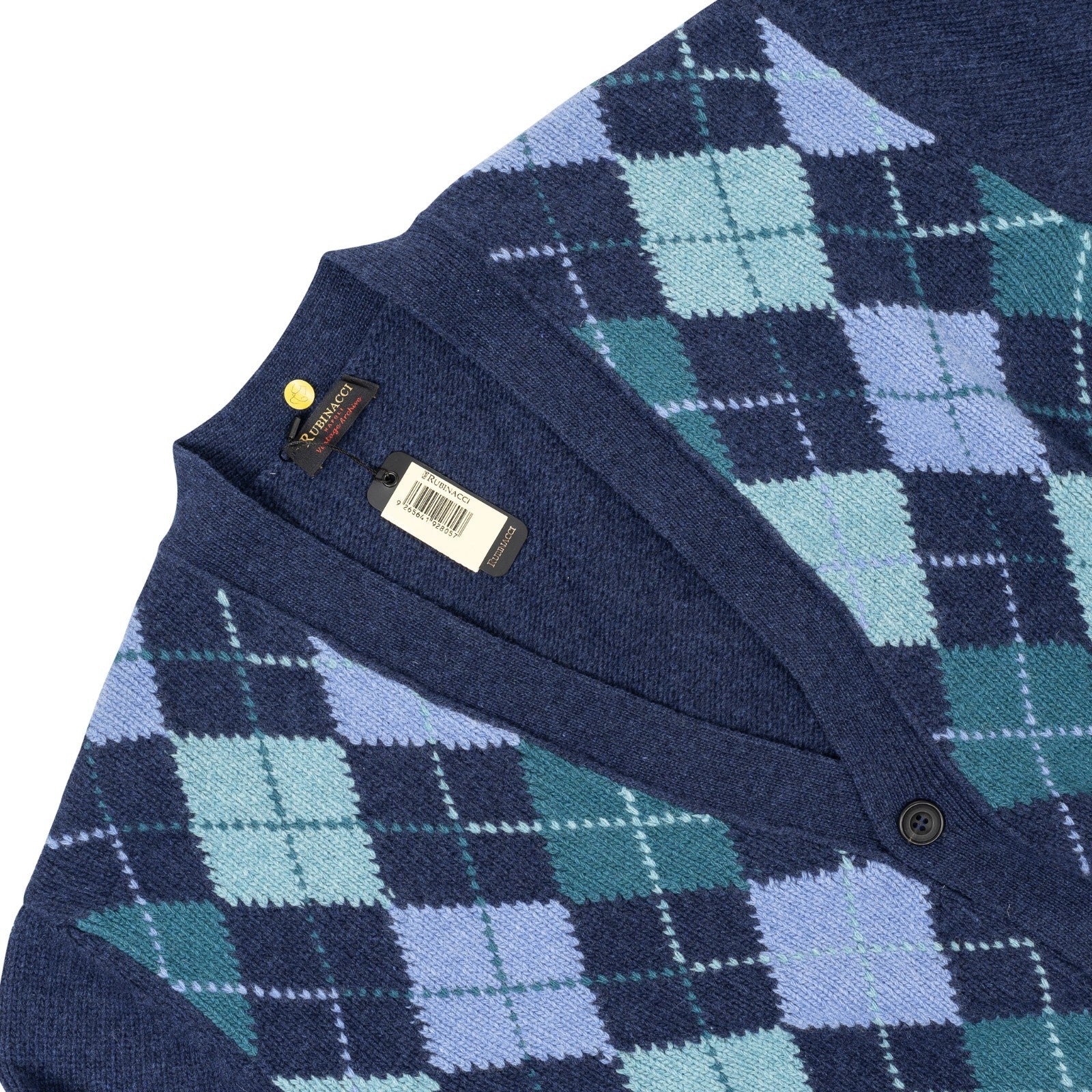 $950 RUBINACCI NAPOLI Blue Cardigan Jacket Argyle Check Wool 42 US / 52 EU