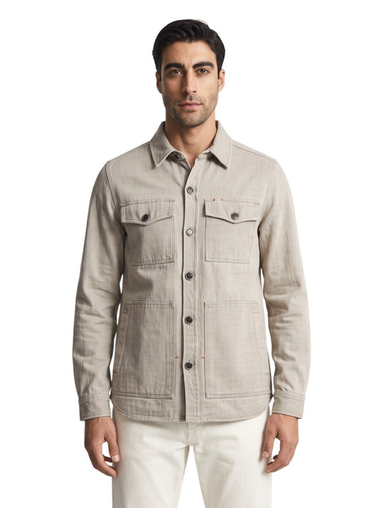 $1650 ISAIA NAPOLI Washed Sand / Beige Overshirt Jacket Denim Cotton Size S