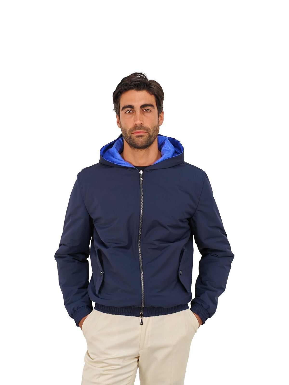 $3400 ISAIA NAPOLI Blue Reversible Hooded Bomber Jacket Wool Blend 40 US 50 EU